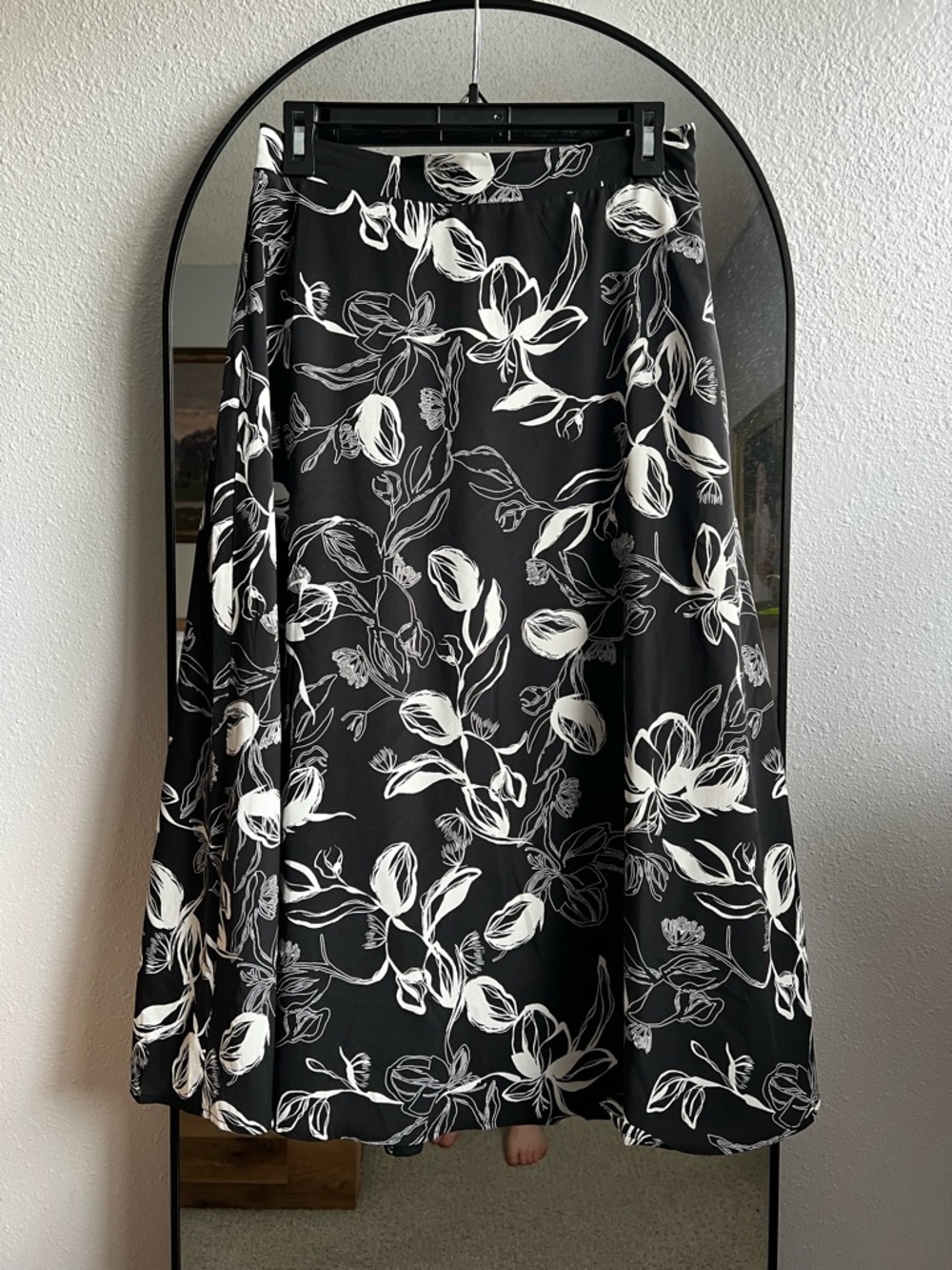 Black & White Floral A-Line Midi Skirt
